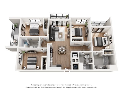 Floor plan for 4 beds, 3 baths, 1343 sqft